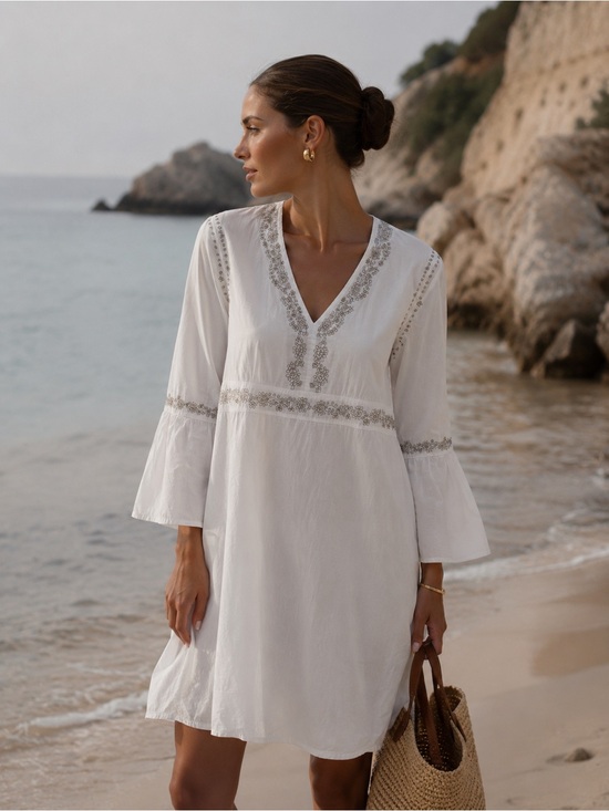 Cabana Life Other - Cabana Life White Cotton Embroidered V-Neck Tunic Dress Bell Sleeve Size M